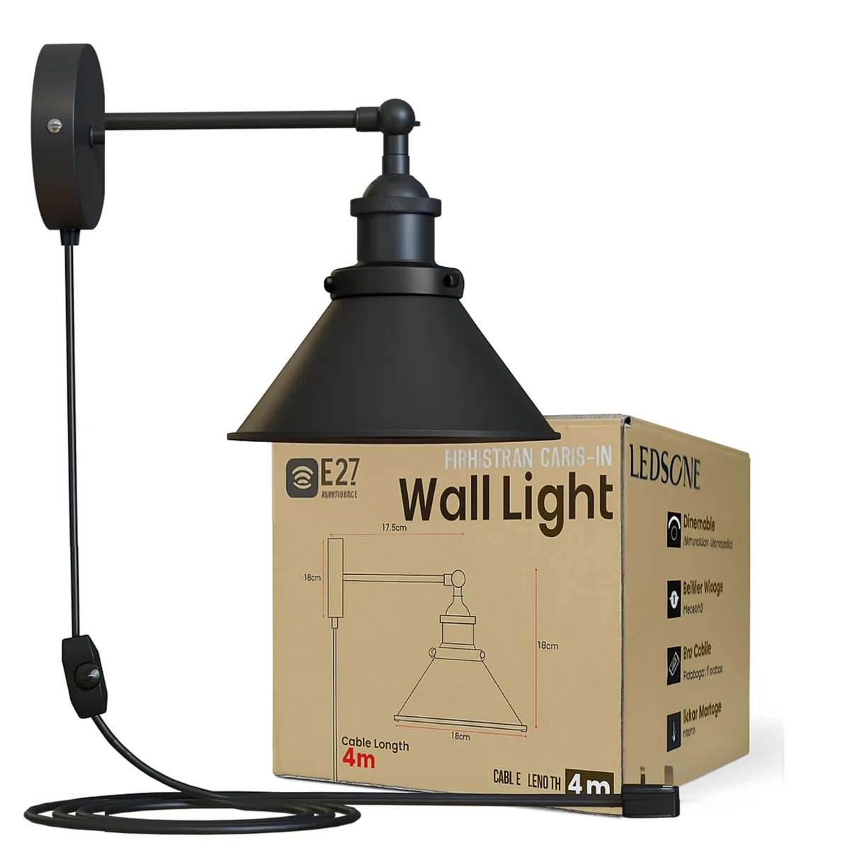 Matte black adjustable E27 wall sconce with cone shade, swivel arm, dimmer switch, and 4m plug-in cord
