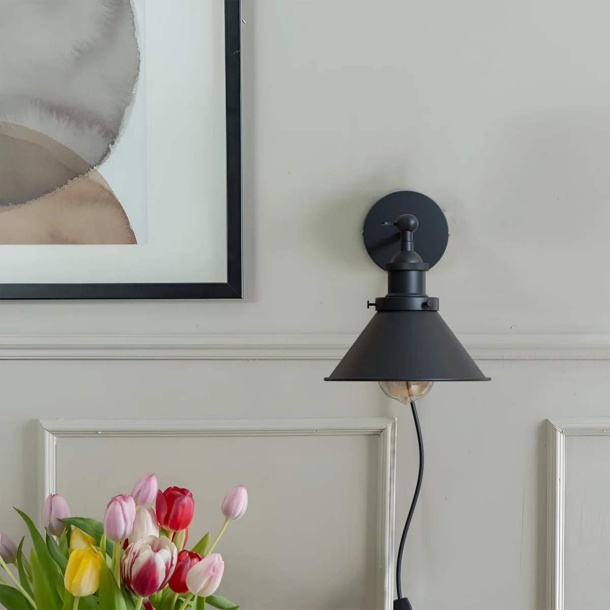 Adjustable black wall light with matte black metal cone shade, swivel arm, and inline dimmer switch on 4m cable
