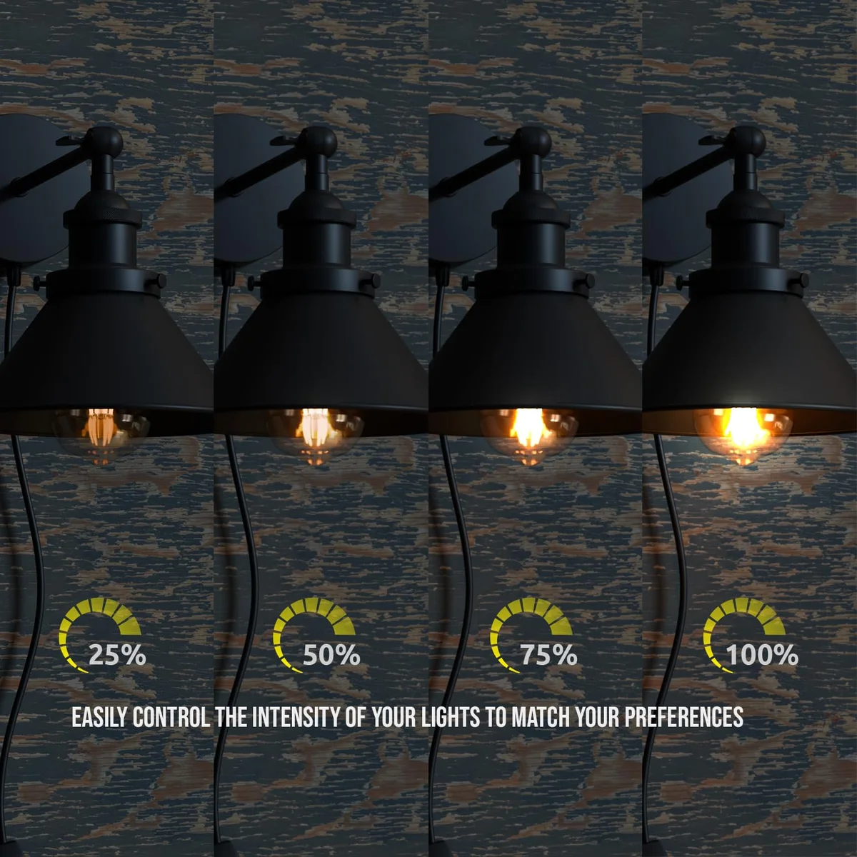 Adjustable black wall light with matte black metal cone shade, swivel arm, and in-line dimmer switch on 4m cord