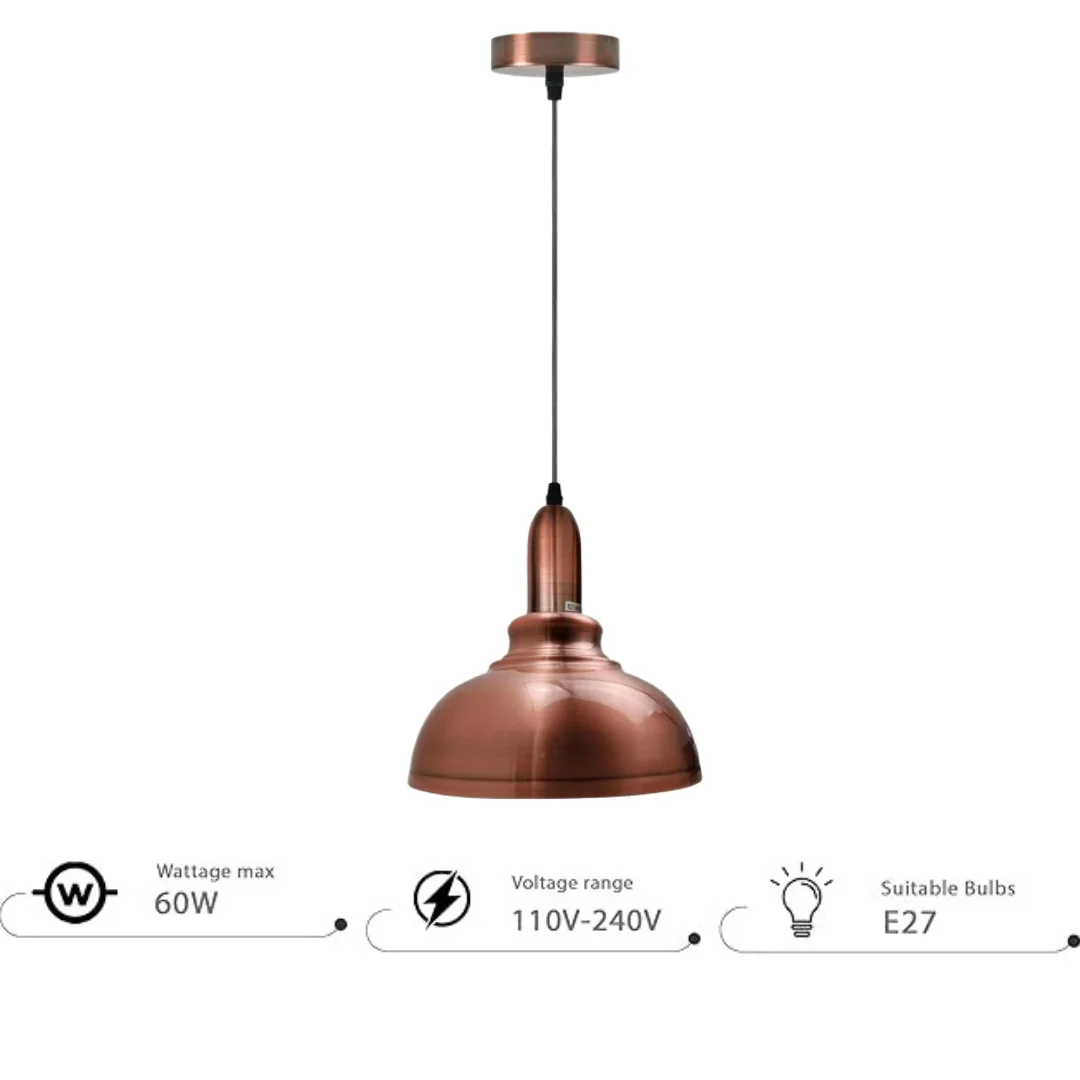 Copper colour metal adjustable cable pendant light fixture with E27 holder and 95cm cable hanging from ceiling rose
