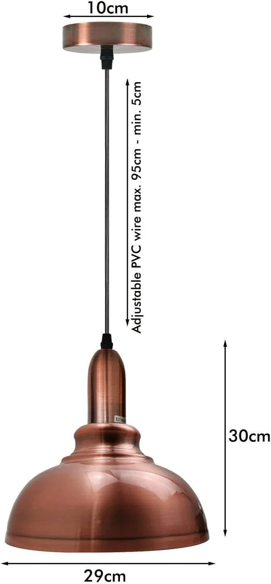 Copper colour metal ceiling light pendant with adjustable 95cm cable and E27 lamp holder hanging from ceiling rose