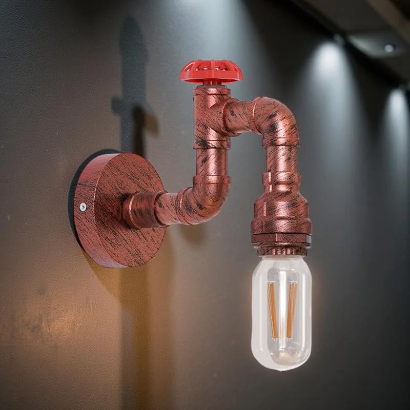 Steampunk vintage metal indoor lighting wall lamp with E27 bulb, pipe-style design mounted on a white wall