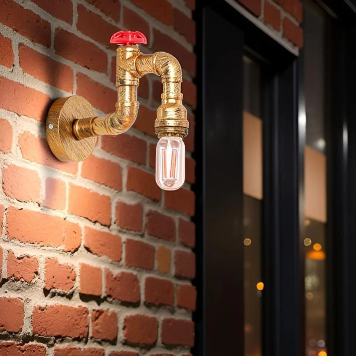 Vintage steampunk metal E27 wall light with pipe design, mounted on indoor wall, suitable for various rooms and settings