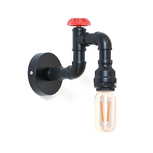 Vintage steampunk pipe style lamp wall light with metal finish, E27 bulb, mounted indoors in rustic setting