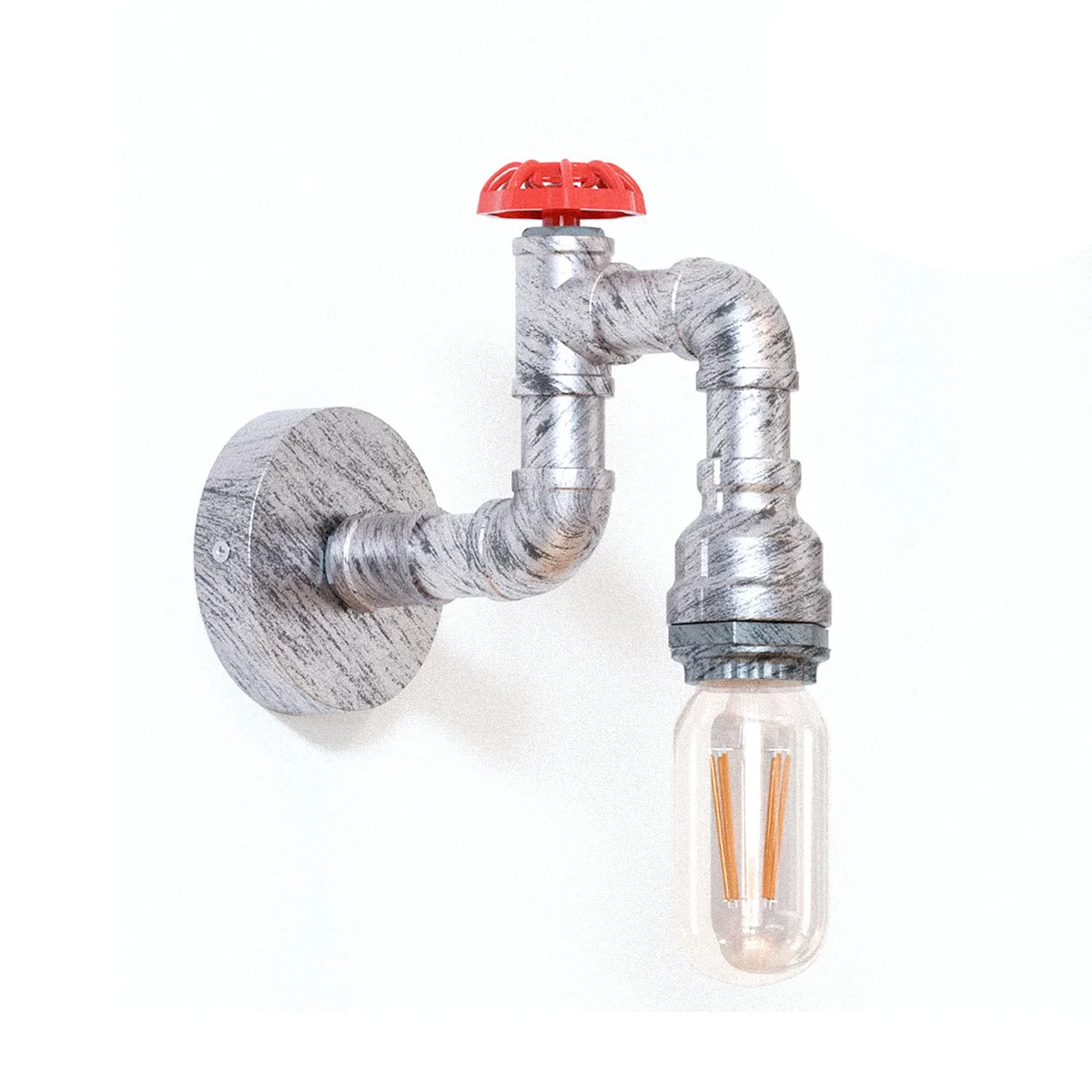 Steampunk wall light with vintage metal pipe design mounted on indoor wall, suitable for E27 bulb, warm lighting effect