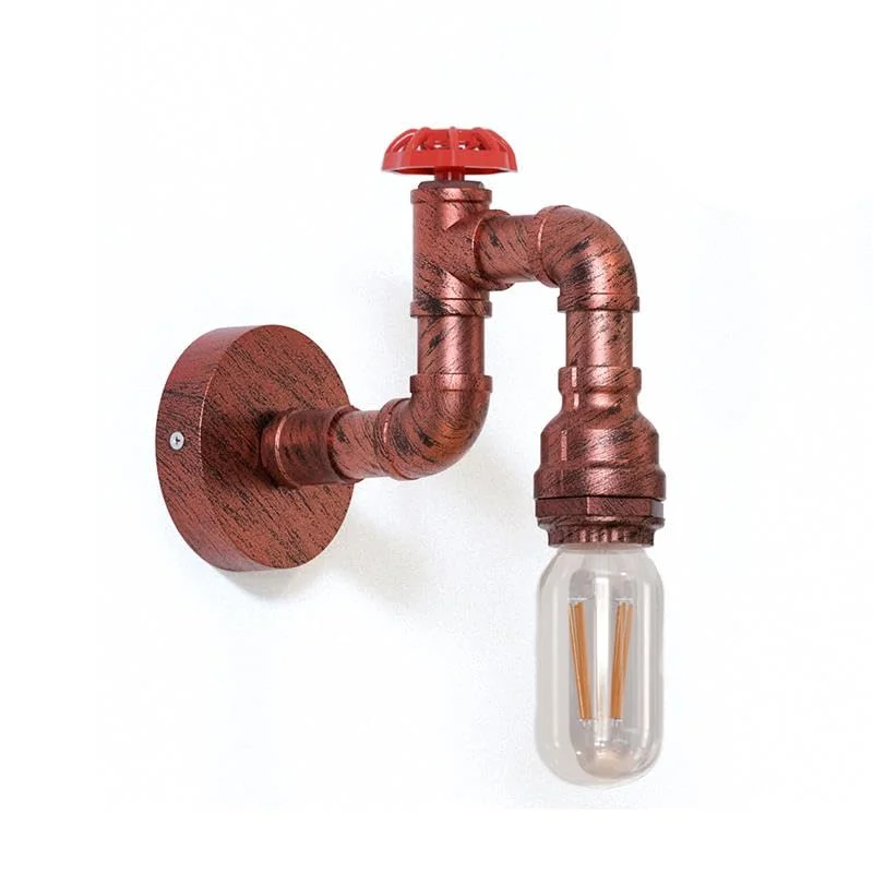 Steampunk wall light with vintage metal pipe design mounted on indoor wall, compatible with E27 bulbs, warm lighting