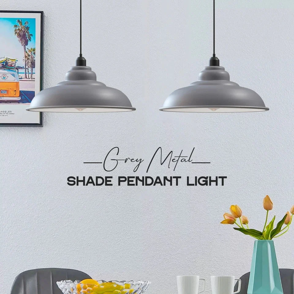 Grey modern single hanging pendant light with metal shade and black cable, suitable for kitchen or dining areas