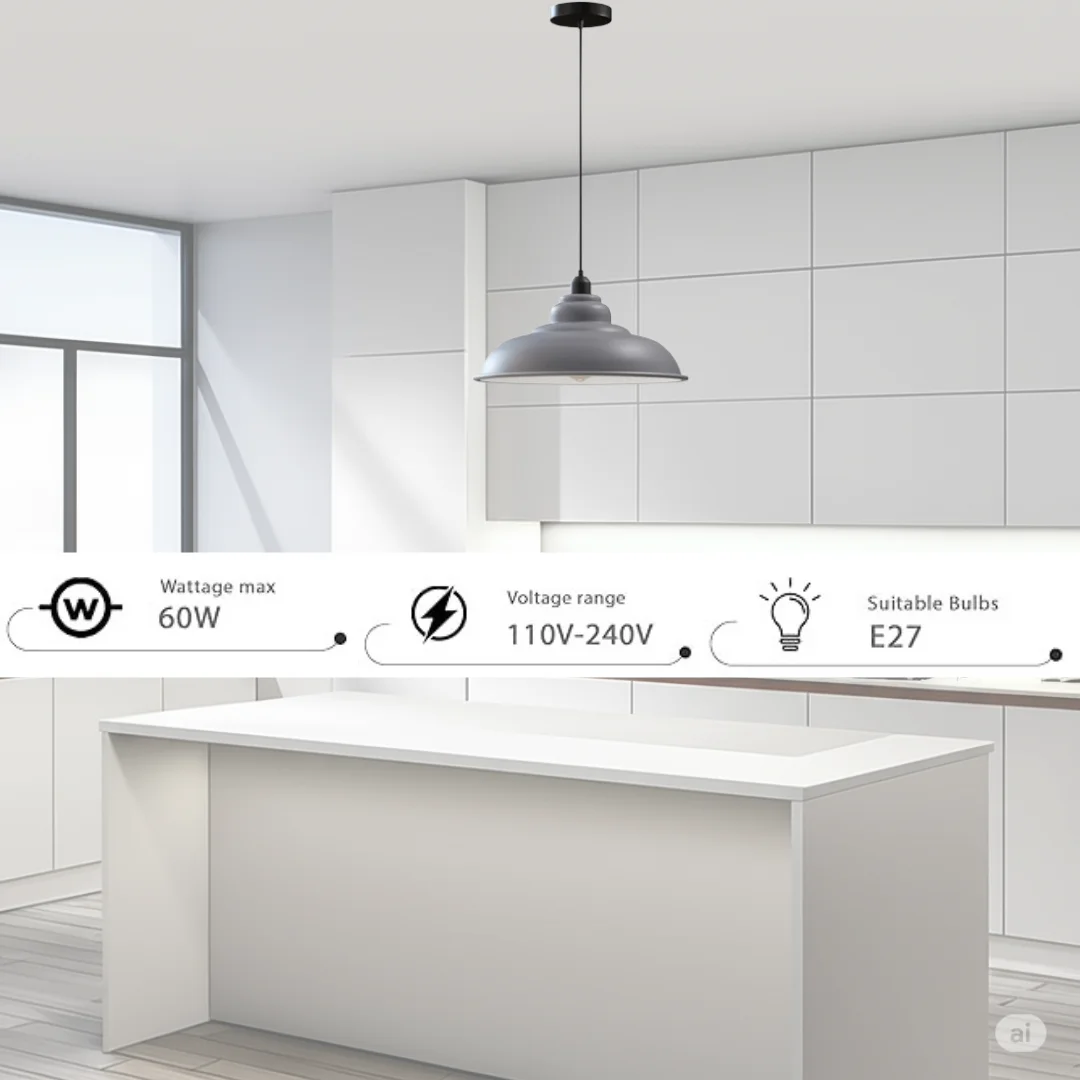 Grey metal pendant light with industrial style shade hanging from black cable, suitable for kitchen or dining room lighting