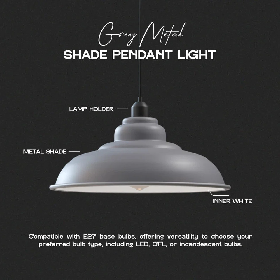 Grey metal modern kitchen island pendant light with black cable and industrial style shade hanging from ceiling