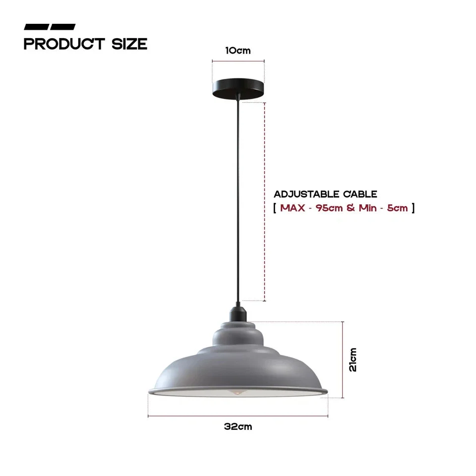 Grey industrial style pendant light with metal shade and black cable, suitable for kitchen or dining room lighting