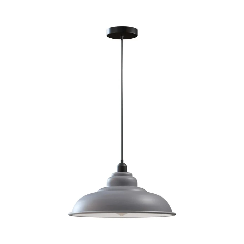 Modern single grey metal pendant light with black cable, suitable for E27 bulb pendant light fittings in kitchens or dining rooms