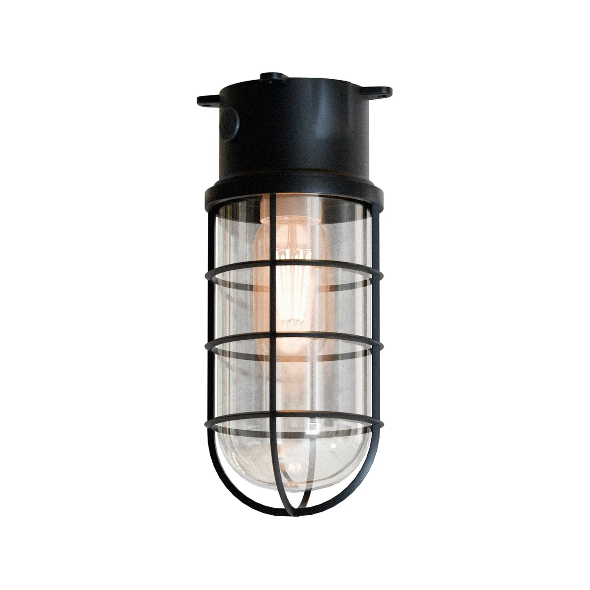 Retro bulkhead light with oval metal cage and frosted tempered glass, suitable for wall or ceiling mounting