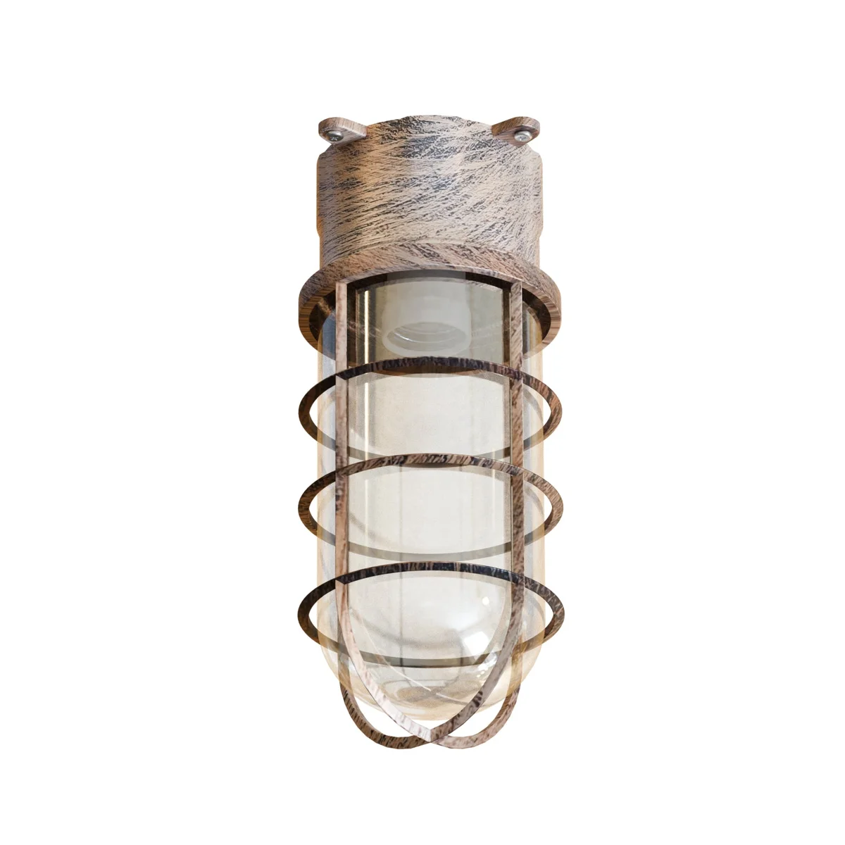 Retro style metal bulkhead cage with frosted impact-resistant glass, ceiling and wall mount, weather-resistant design