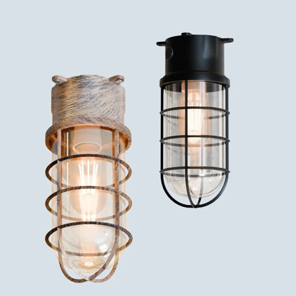 Retro oval metal bulkhead cage with frosted glass cover showing weather-resistant bulkhead design for wall or ceiling mount