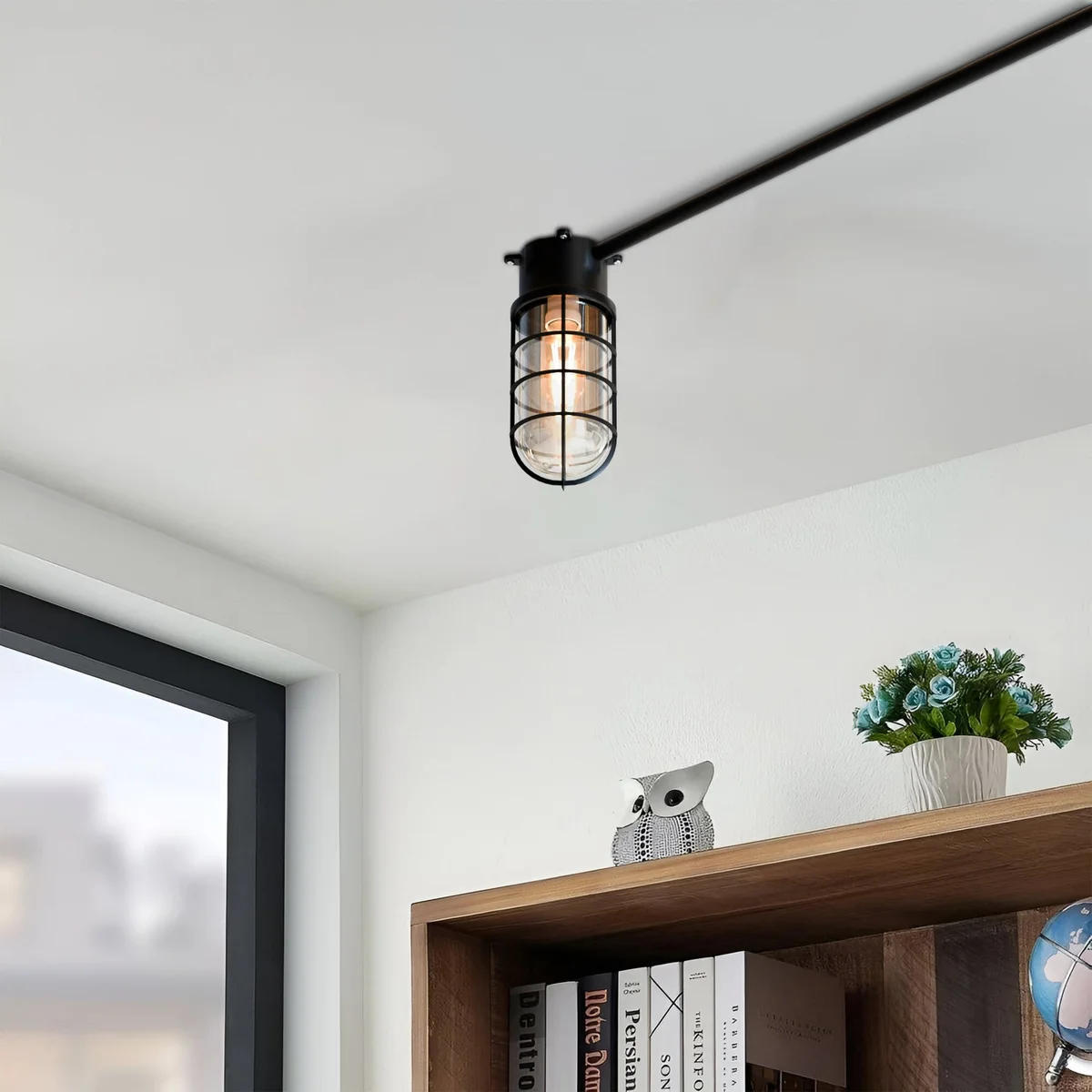 Retro style bulkhead cage ceiling light with metal frame and frosted glass cover, suitable for wall or ceiling mounting