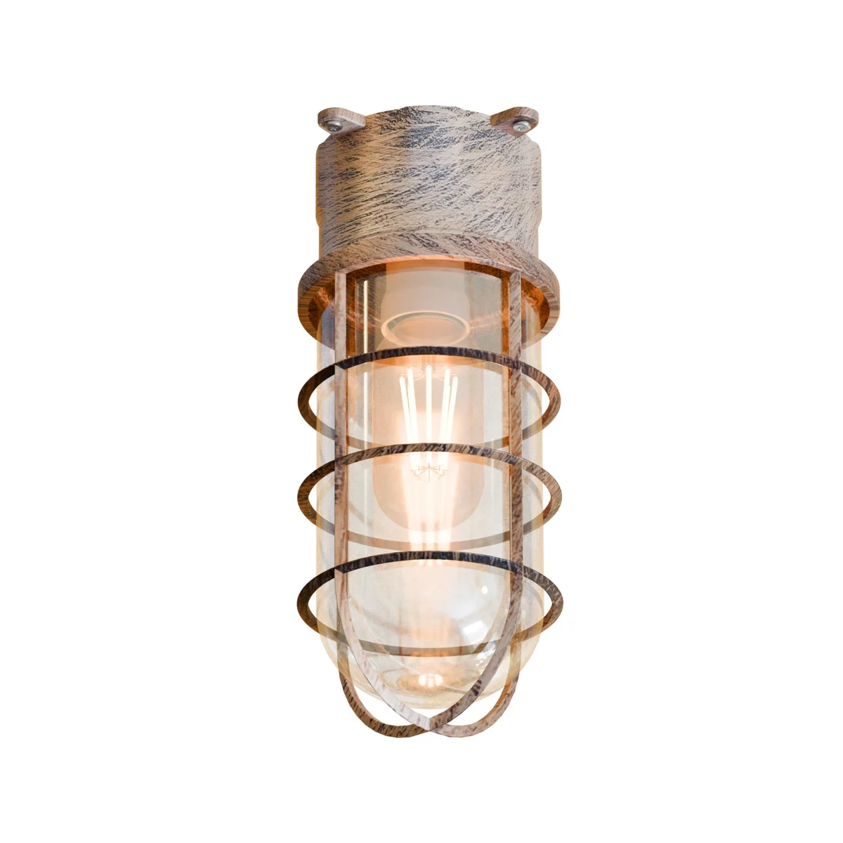 Retro style bulkhead cage ceiling light with metal frame and frosted tempered glass, suitable for wall or ceiling mounting