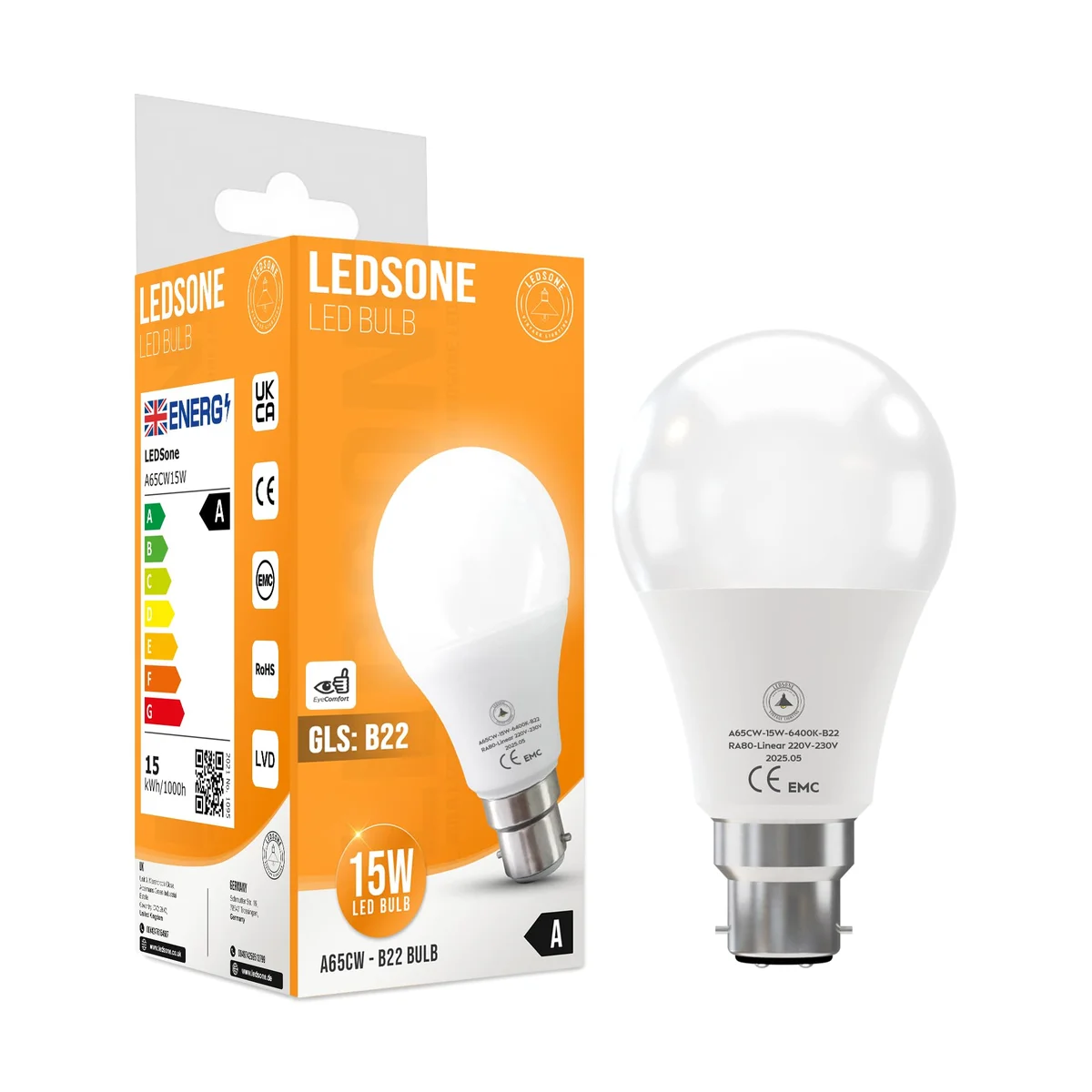 B22 LED bulb A65 15W with cool white 6400K light and B22 bayonet cap for UK fittings, shown against white background