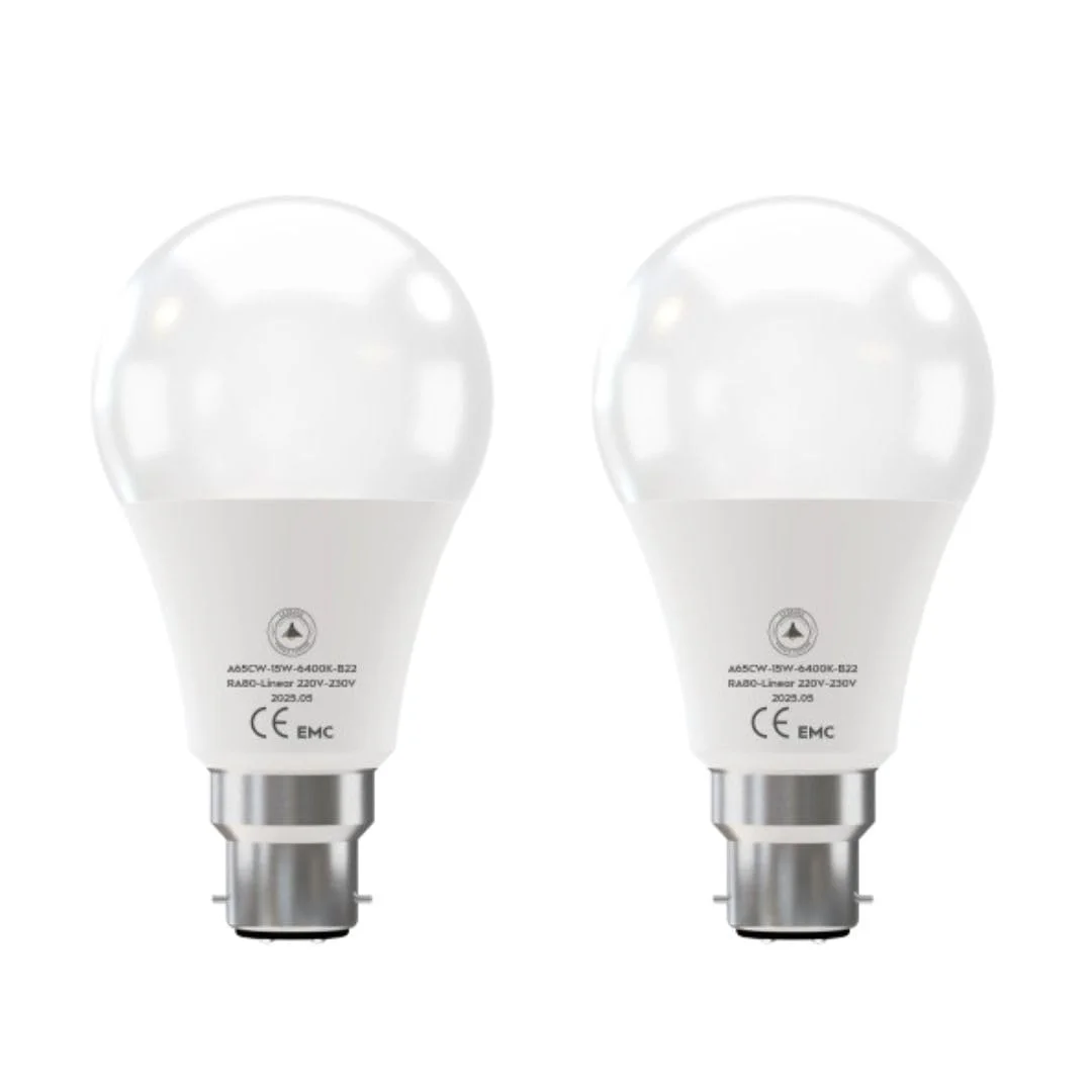 A65 LED bulb with B22 bayonet cap glowing bright cool white light, 15W energy-saving design for UK fittings