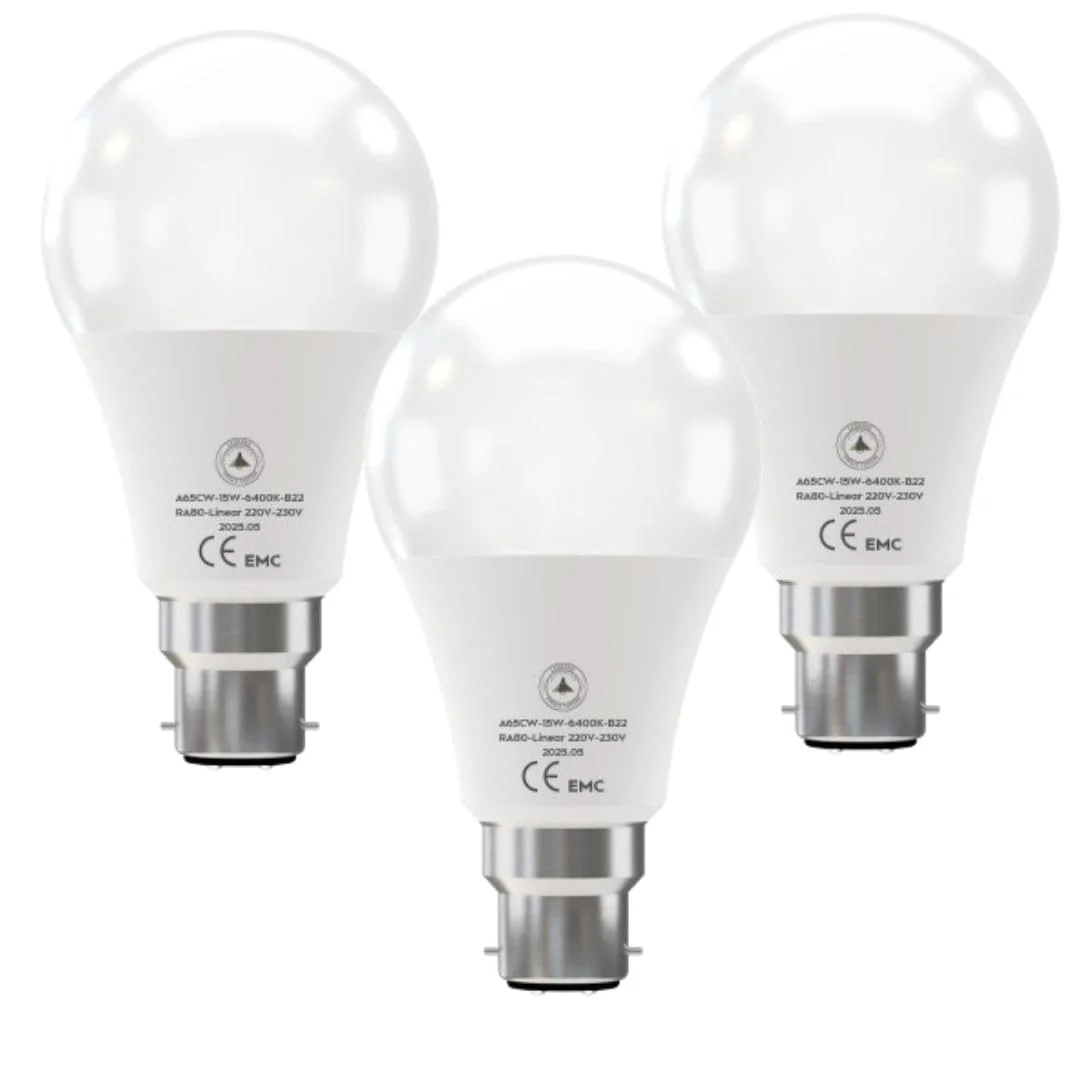 B22 A65 LED bulb glowing bright cool white light, energy saving LED with B22 bayonet cap for UK fittings
