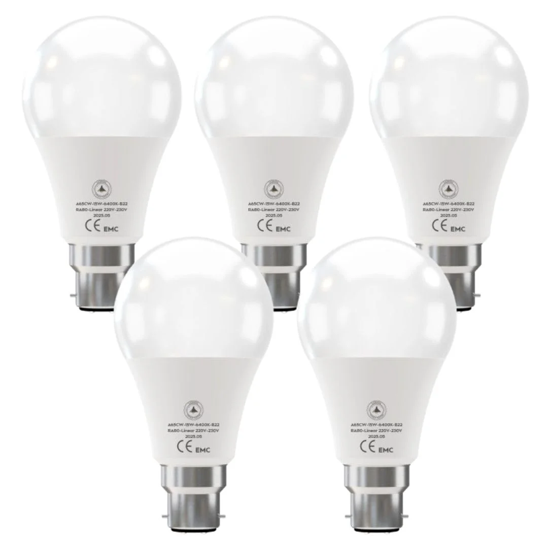 B22 base bulb A65 LED with 15W power, cool white 6400K light, and standard bayonet cap for UK fittings.
