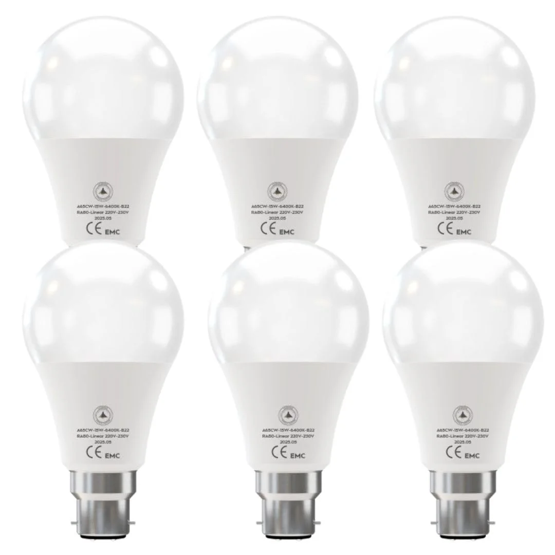 B22 LED bulb A65 15W with cool white 6400K light, showing standard bayonet cap and frosted glass design