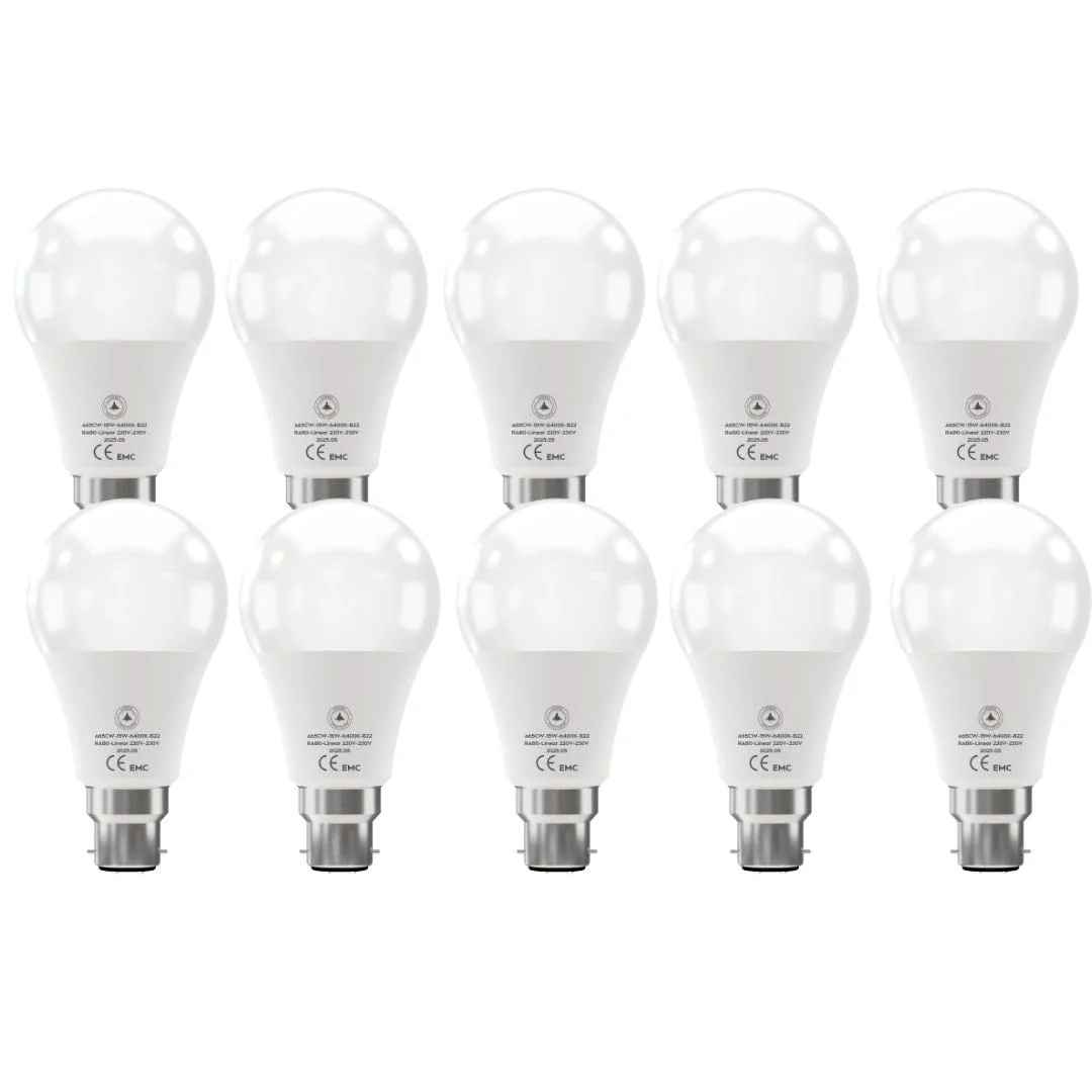 B22 LED bulb A65 15W with B22 bayonet cap glowing bright cool white 6400K light on white background