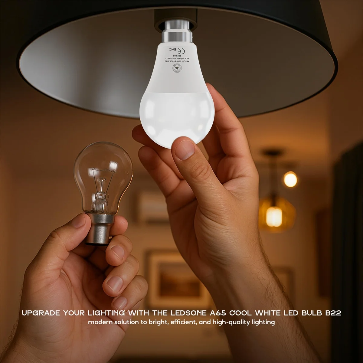 B22 LED bulb A65 15W with cool white 6400K light and B22 bayonet cap, ideal for energy-saving task lighting