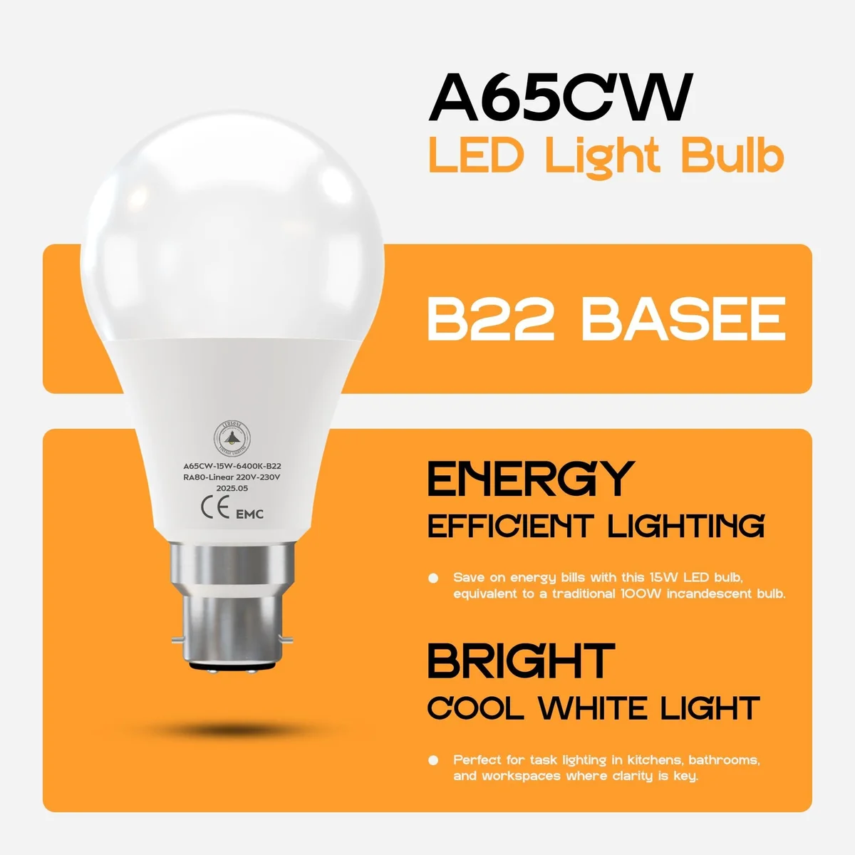 B22 LED bulb A65 15W with B22 bayonet base emitting bright cool white 6400K light for energy-efficient lighting