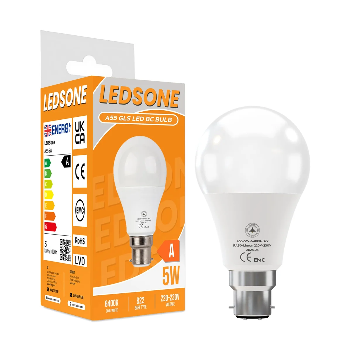 5W B22 bayonet cool white LED bulb with globe shape and PVC body for indoor lighting, 430 lumens, 6400K color temperature