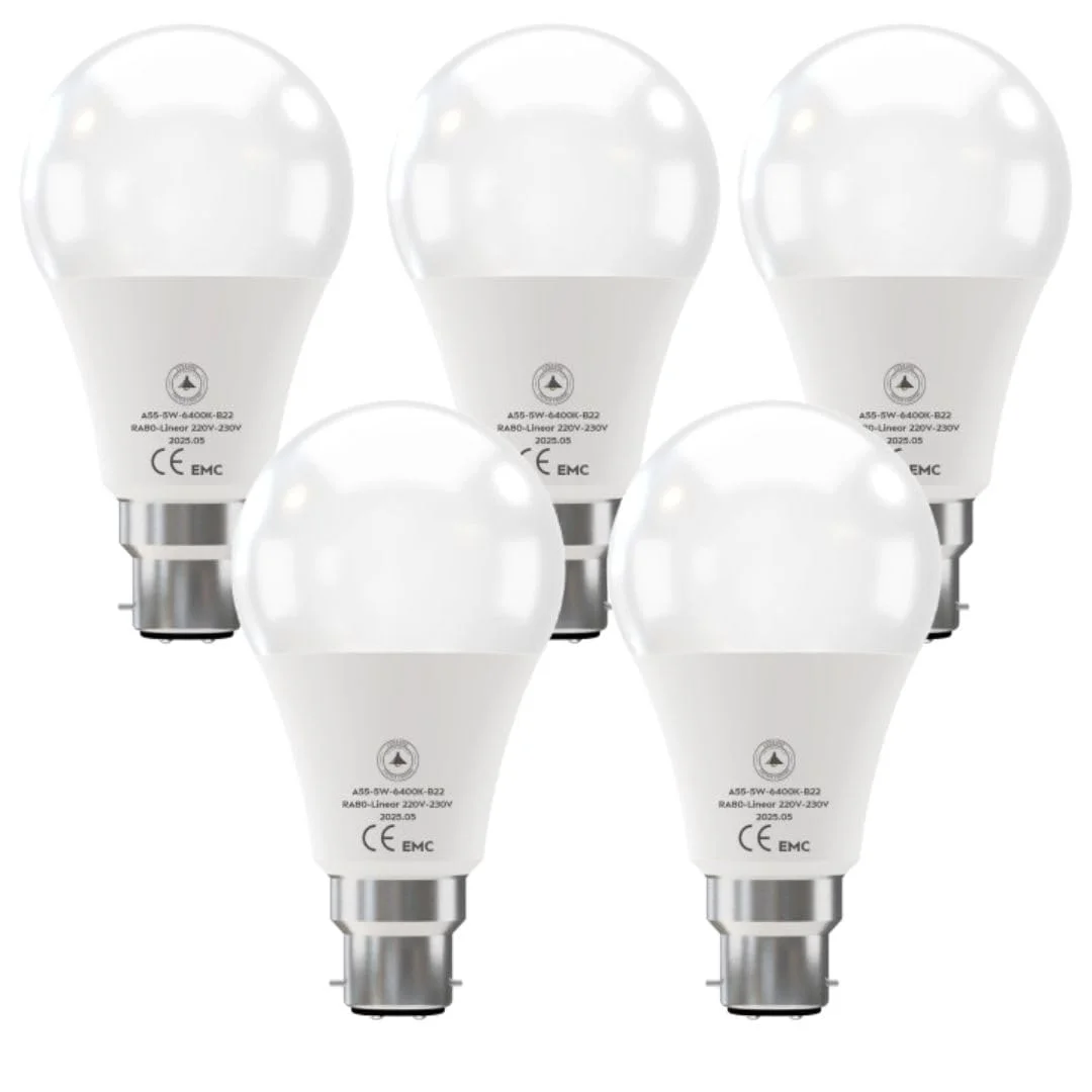 B22 bayonet LED light bulb with cool white 5W GLS design, PVC body, and standard bayonet base shown against white background