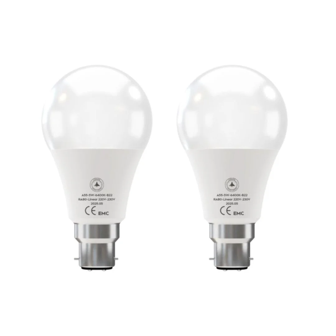 5 watt LED bulb with B22 bayonet base and cool white light, GLS shape with PVC body, ideal for indoor use