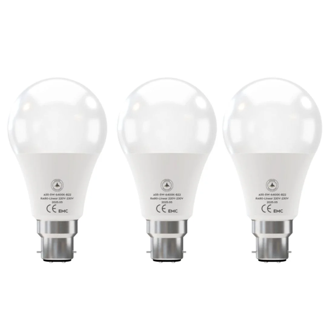 Single 5W B22 bayonet cool white 6400K bulb with PVC body and GLS shape against a white background