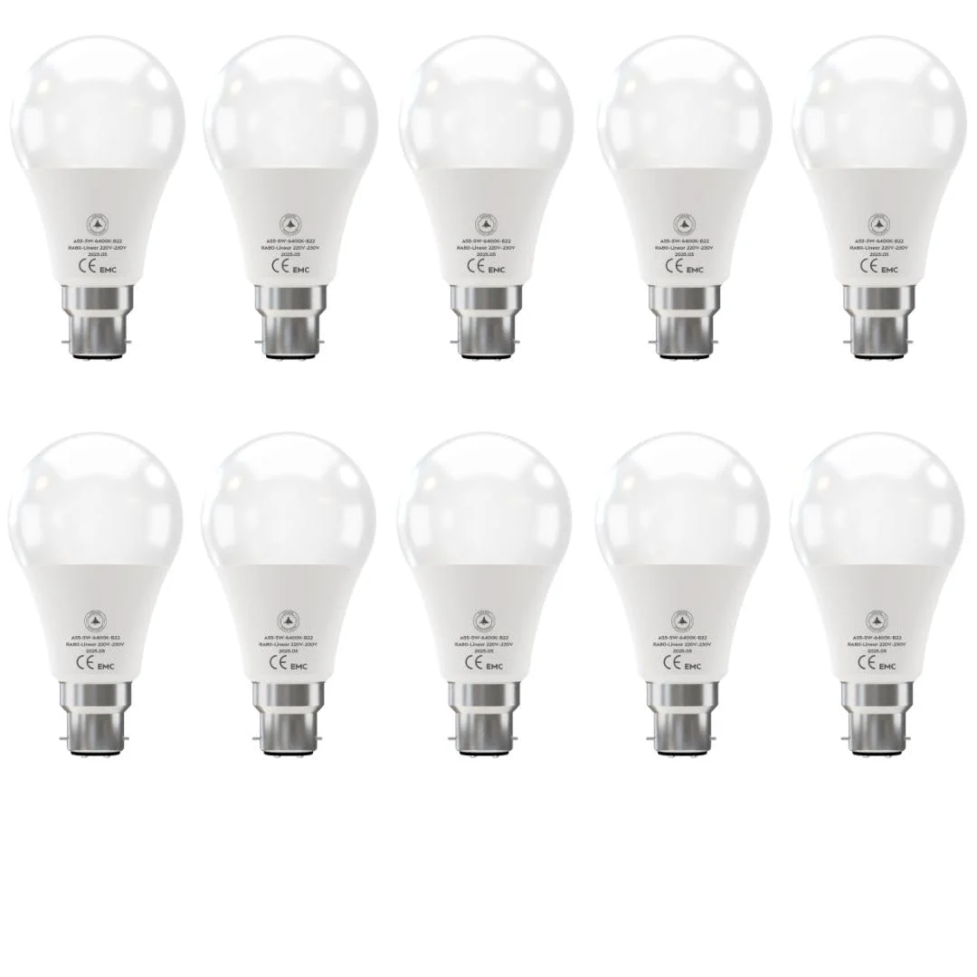 Single 5W B22 LED bulb with cool white light, bayonet base, and globe shape suitable for indoor use