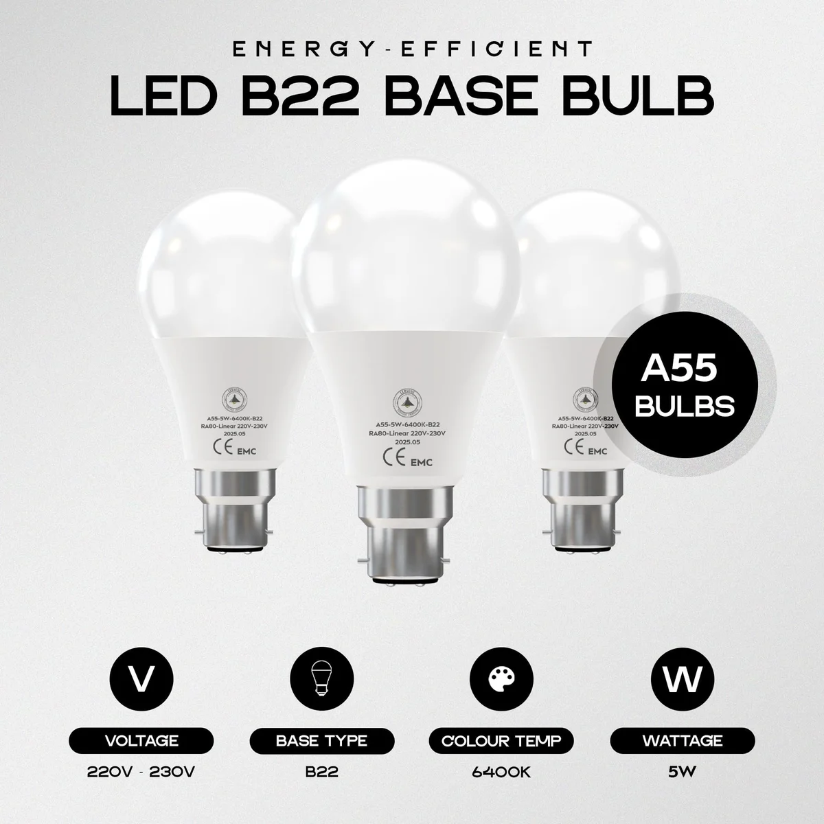 5W B22 LED bulb glowing cool white light, showing bayonet base and globe shape on plain background