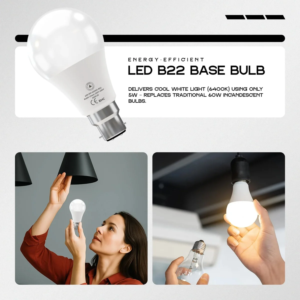 5W B22 LED bulb glowing cool white light with bayonet base and smooth globe shape on white background