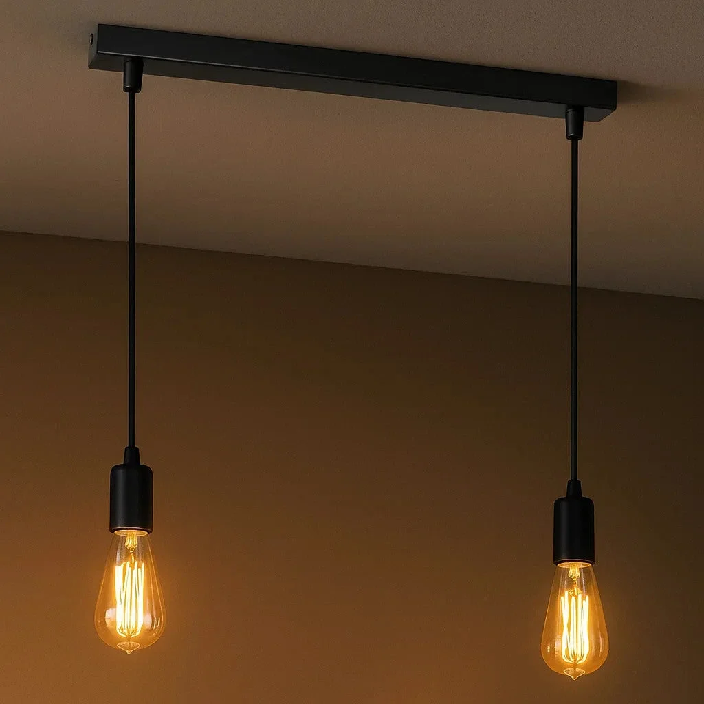 Black vintage 2 head pendant light with E27 bulb holders and adjustable 95cm hanging cords for indoor ceiling use