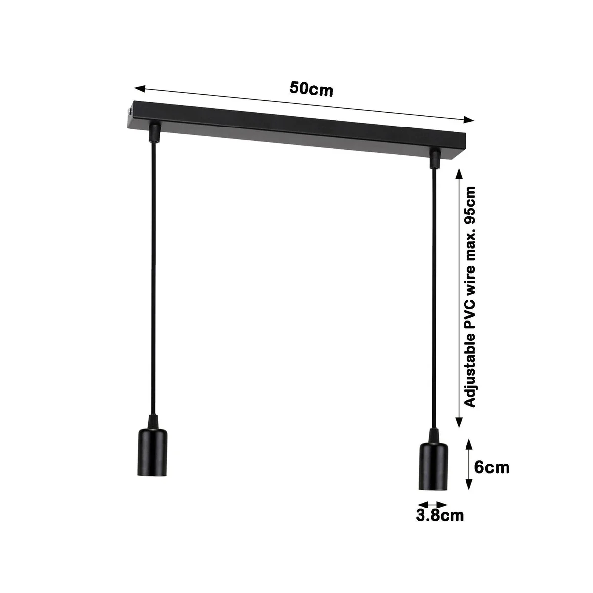 Black vintage pendant light with two E27 bulb holders, metal and PVC, 50cm length, adjustable hanging cords