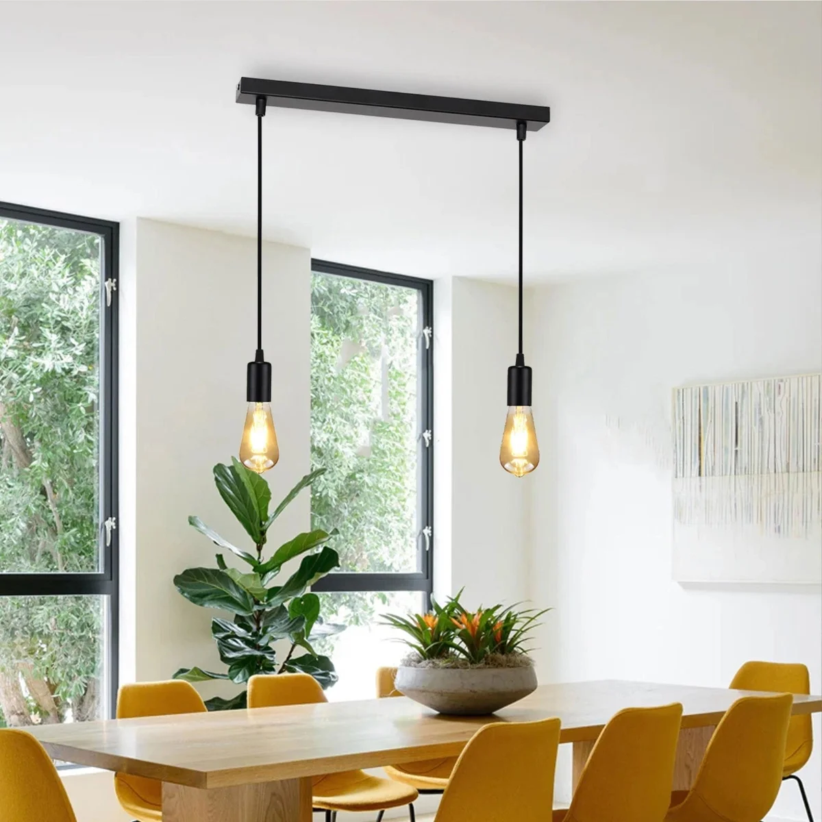 Vintage style 2 head black ceiling pendant lamp with adjustable cords and E27 bulb holders for indoor use