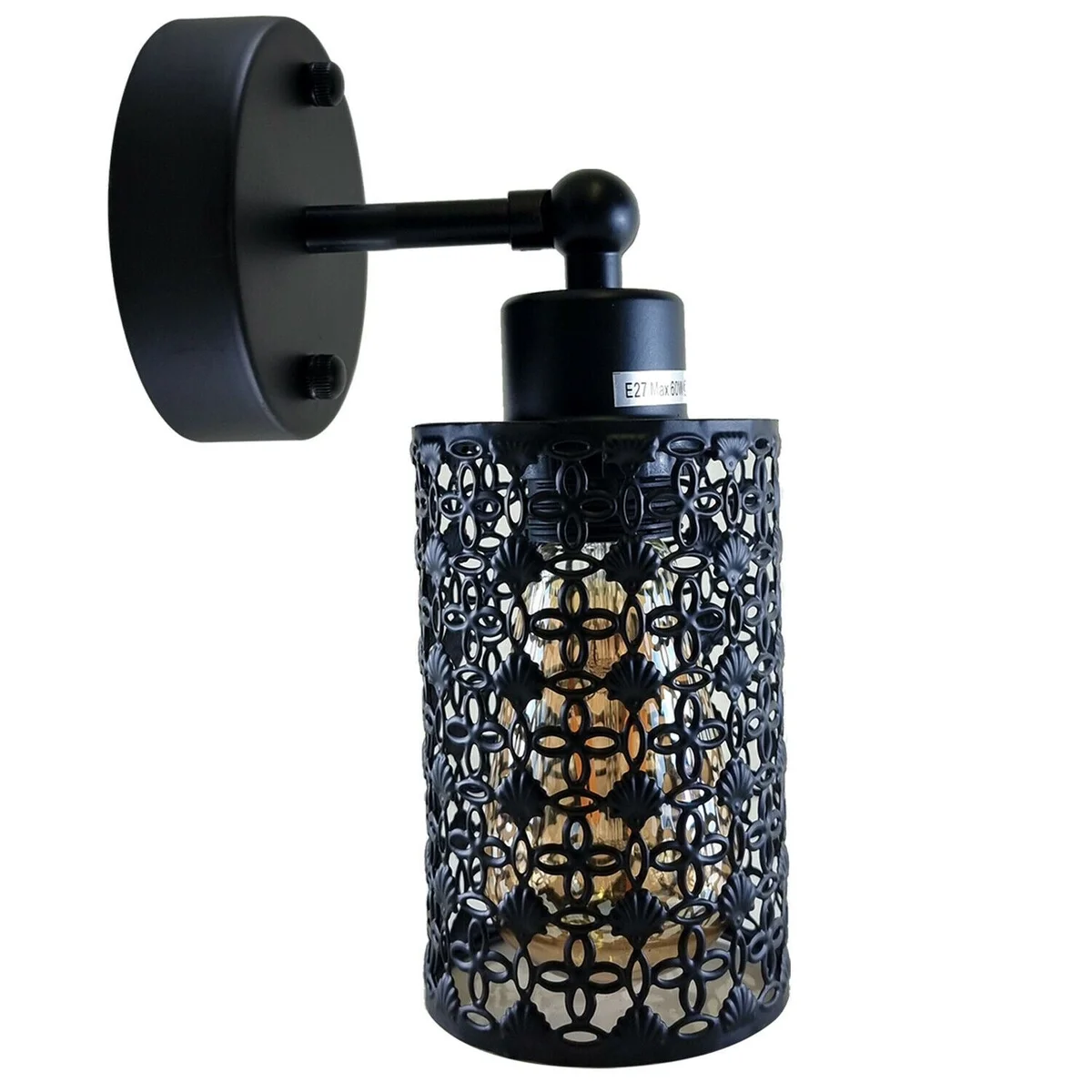 Black vintage industrial wall light with adjustable metal arm and cylindrical shade mounted on a white wall