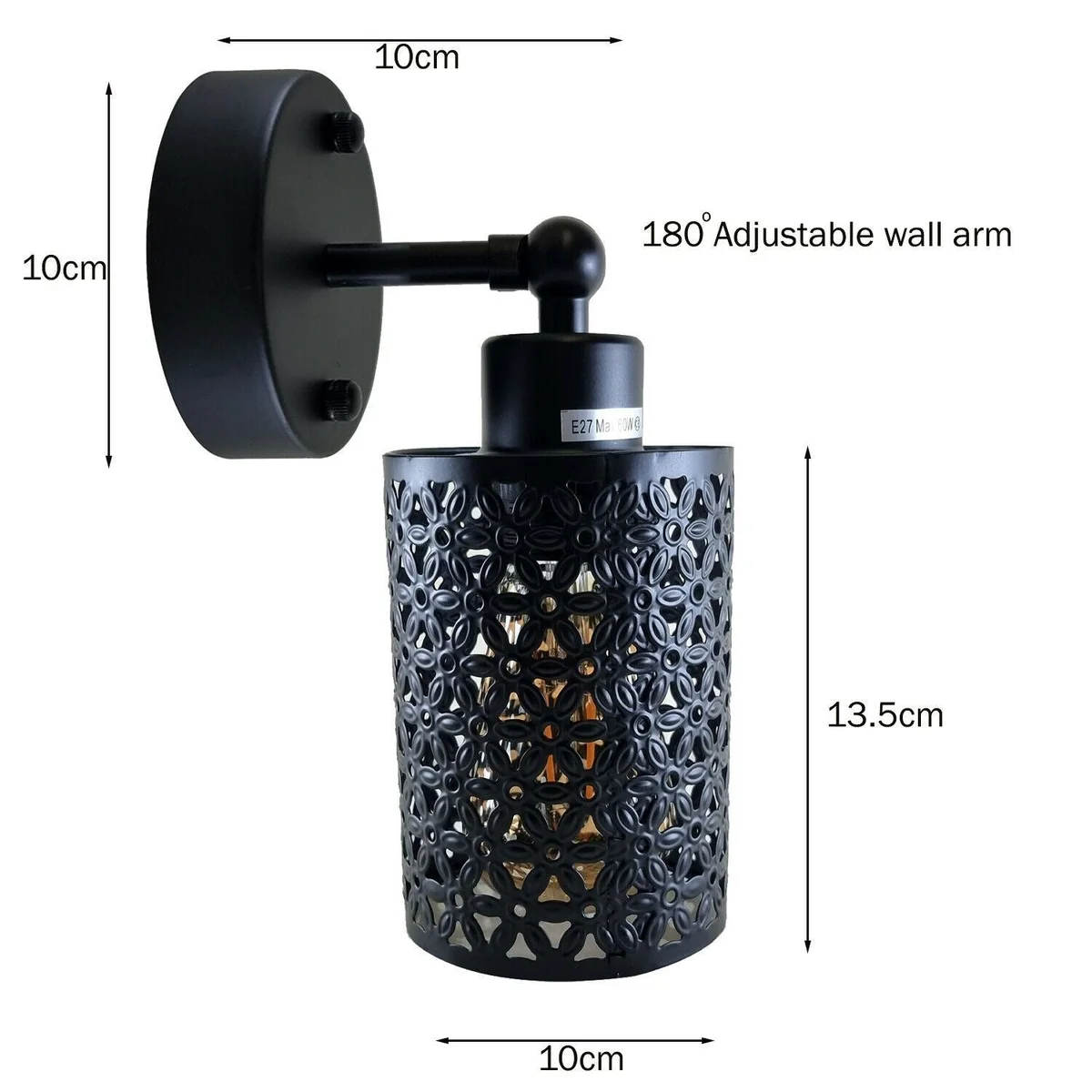 Black industrial adjustable wall light with cylindrical shade and metal arm mounted on a wall, angled downwards
