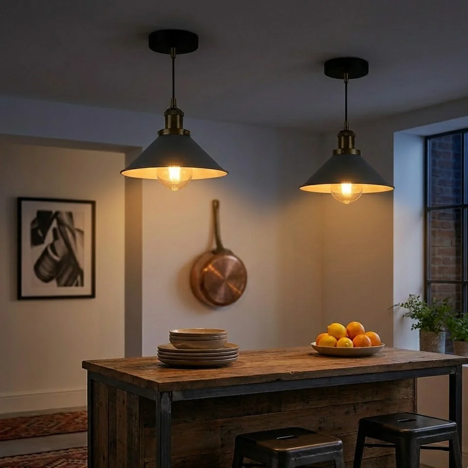 Two vintage pendant ceiling lights with metal cone shades in yellow brass and green finishes, flush mount style
