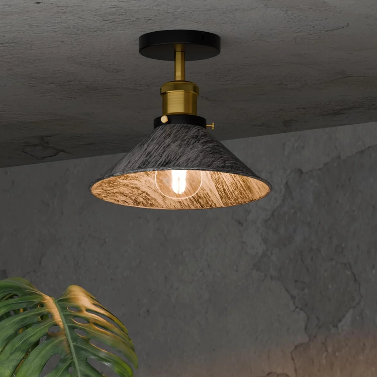 Two vintage metal cone industrial pendant lights in brass and green finishes, flush mount style for ceiling installation