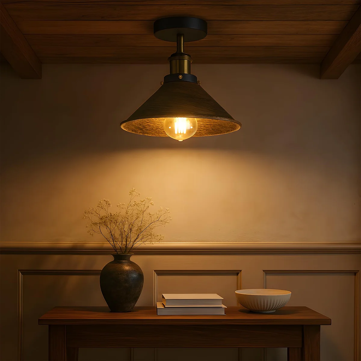 Two vintage metal cone flush mount ceiling lights in yellow brass and green finishes hanging side by side