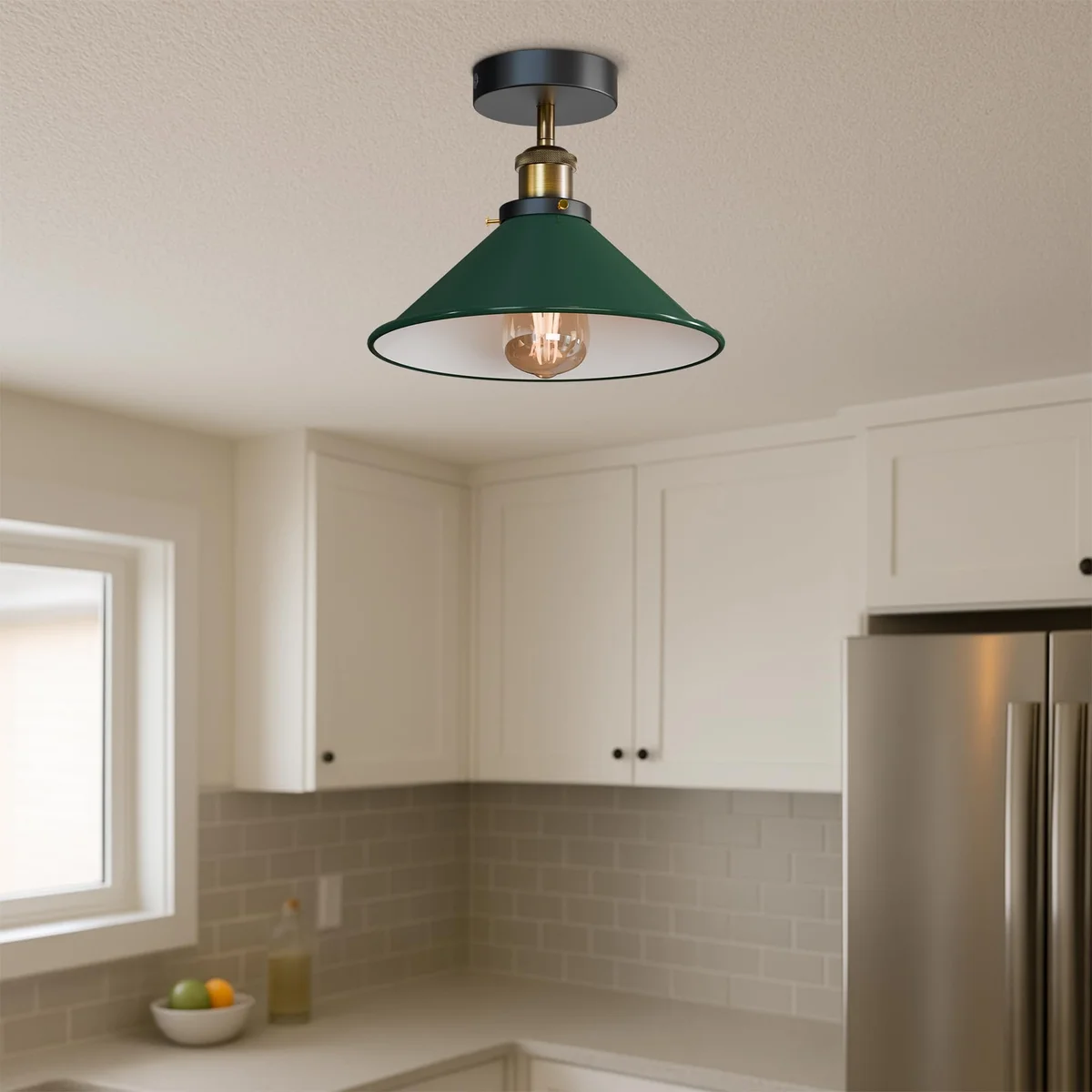 Two vintage metal cone pendant lights in brushed copper and green with E27 bulb ceiling light sockets shown mounted flush to ceiling