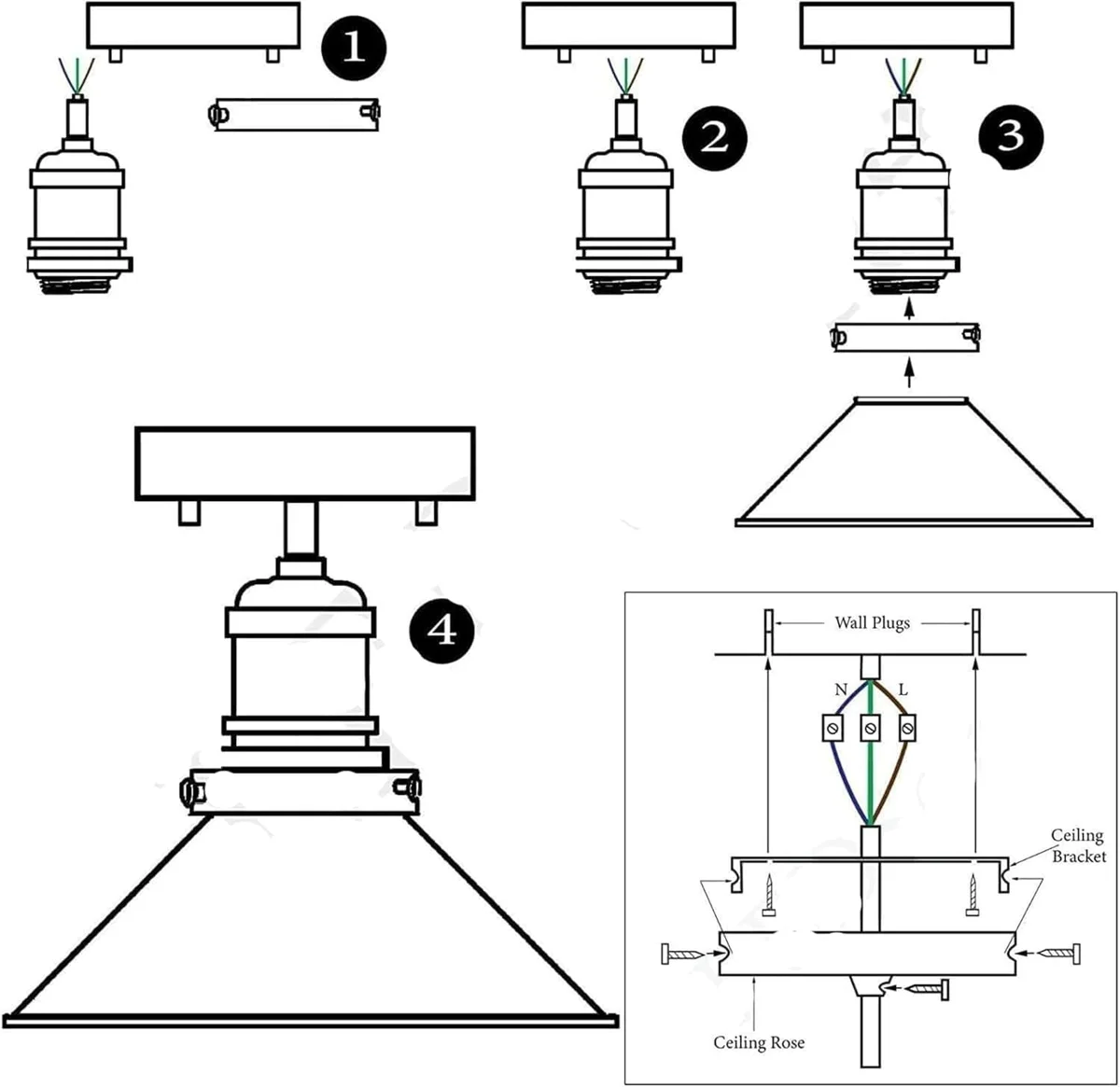 Two vintage pendant ceiling lights with metal cone shades in brushed copper and green finishes shown installed on a ceiling