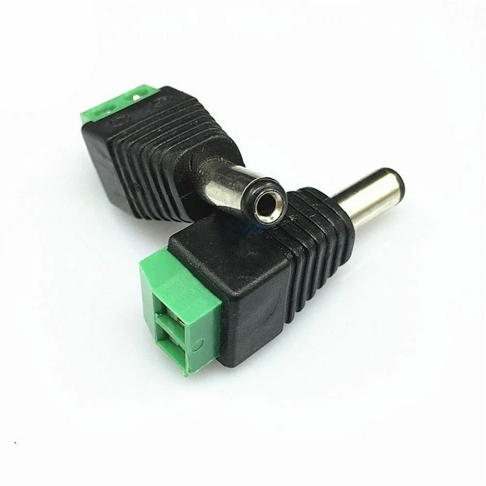 Three 12V DC CCTV power connector adapters with male and female 2.1x5.5mm plugs on white background