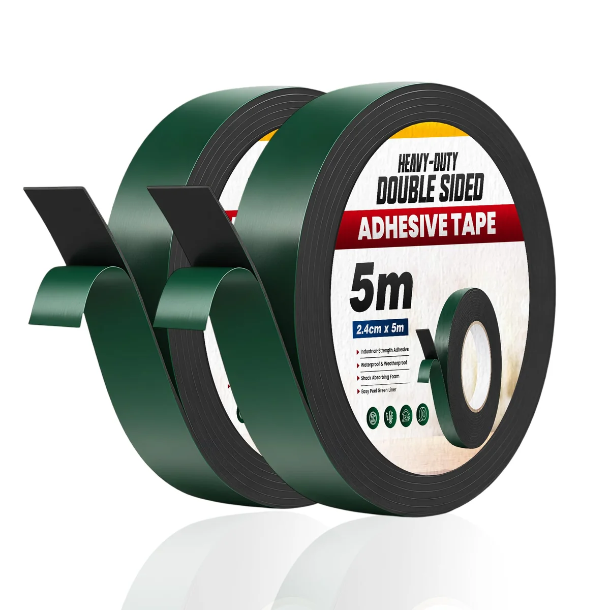 Roll of black high tack adhesive tape with green release liner, 2.4cm wide and 5m long, for indoor and outdoor use