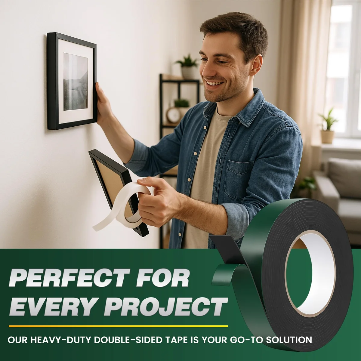 Roll of black waterproof foam tape with green release liner, 2.4cm wide and 5m long, for indoor and outdoor use