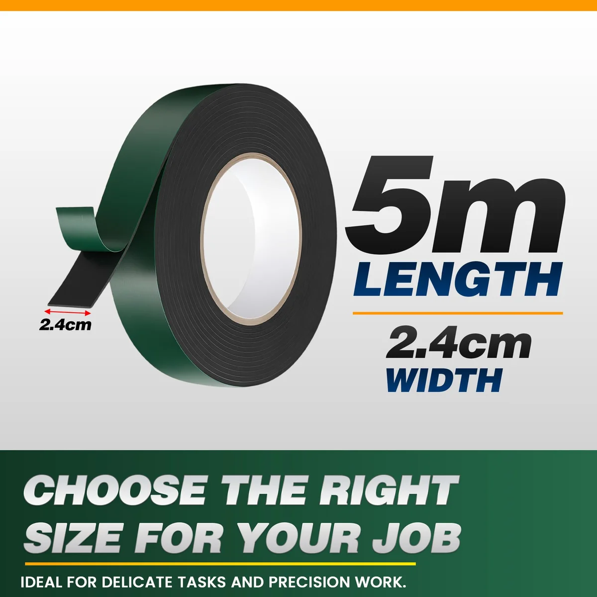 Roll of black IXPE foam mounting tape with green release liner, 2.4cm wide and 5m long, high tack double-sided adhesive