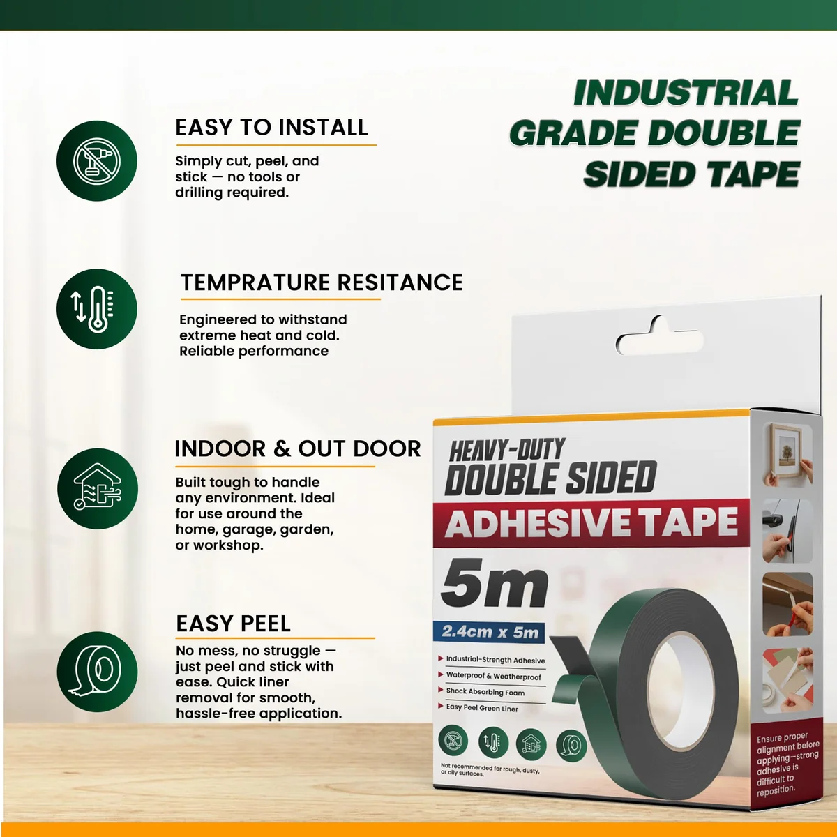 Black foam double sided tape roll with green liner, showing thickness and flexibility for indoor outdoor tape use